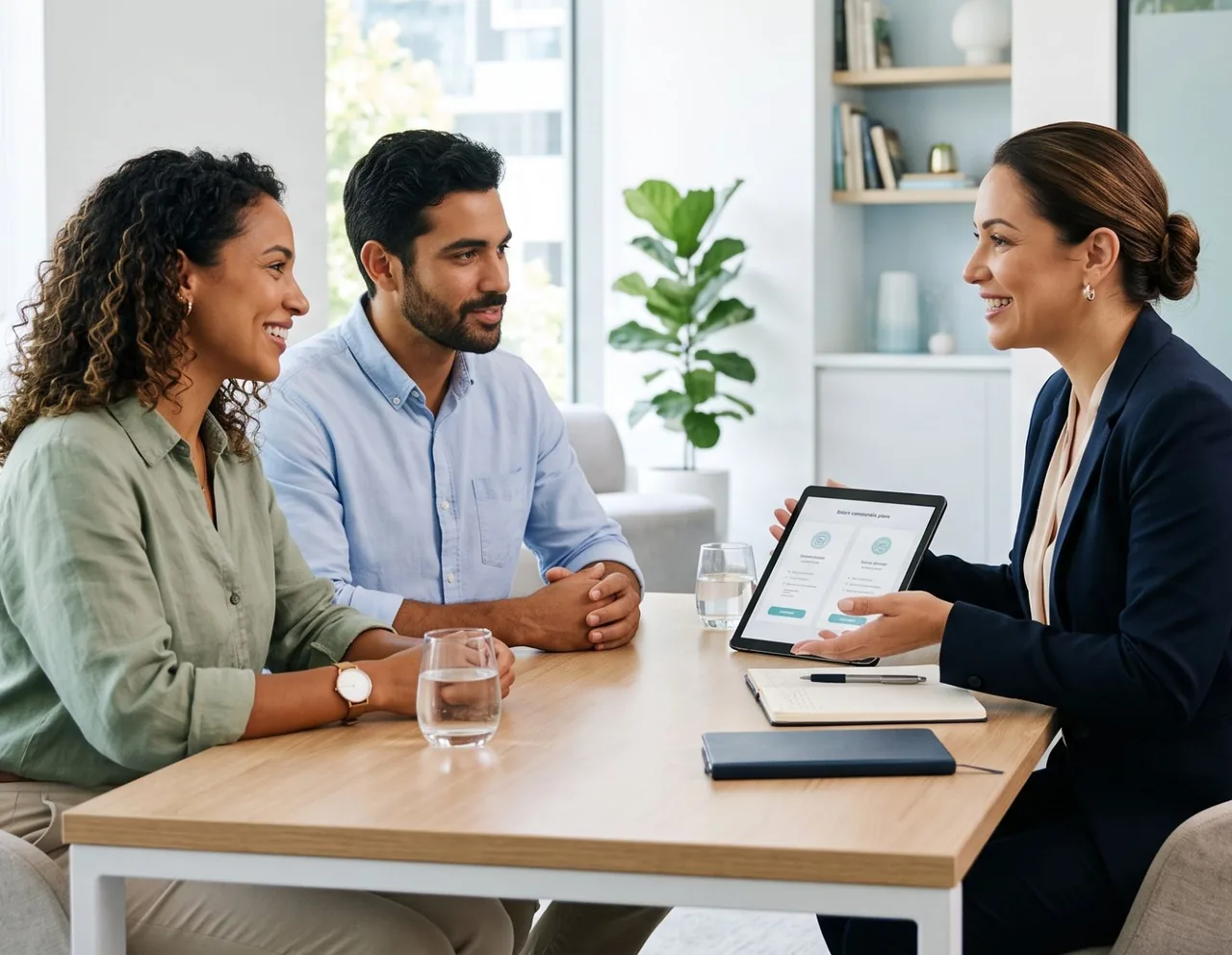 Atendimento consultivo: um casal conversa com uma profissional